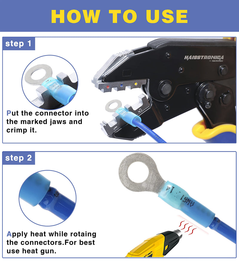 haisstronica 200pcs Blue Marine Grade Heat Shrink Ring Connectors-Tinned red Copper 0.7mm 4 Sizes #10,1/4",5/16",3/8",16-14 Gauge Heat Shrink Wire Connectors-Insulated Crimp Terminals Set Blue Ring Terminas