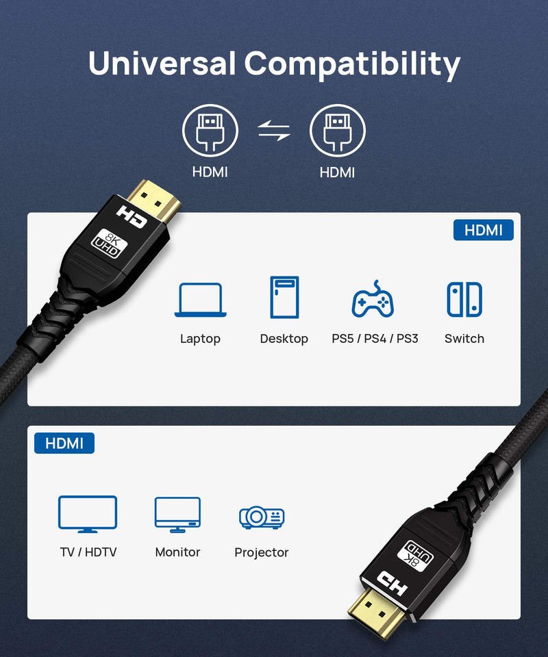 8K HDMI 2.1 Cable 6Ft,ALLEASA Ultra High Speed 8K@60Hz,4K@120Hz@144Hz DSC,HDR UHD 7680×4320,eARC HDR10+,HDCP 2.2&2.3,Compatible with PS5/PS4/PS3(Black) 6 FT BLACK