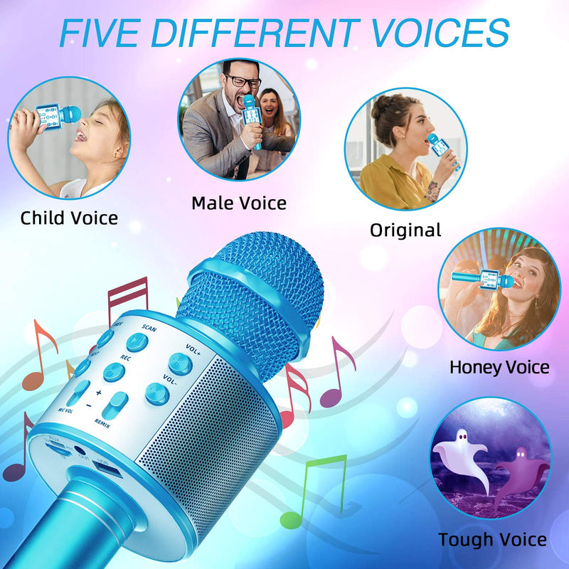 TRONICMASTER Karaoke Microphone Bluetooth, 3 in 1 Portable Handheld Mic Karaoke Machine for Kids, Voice Disguiser Microphone for Christmas Home Birthday Party Blue