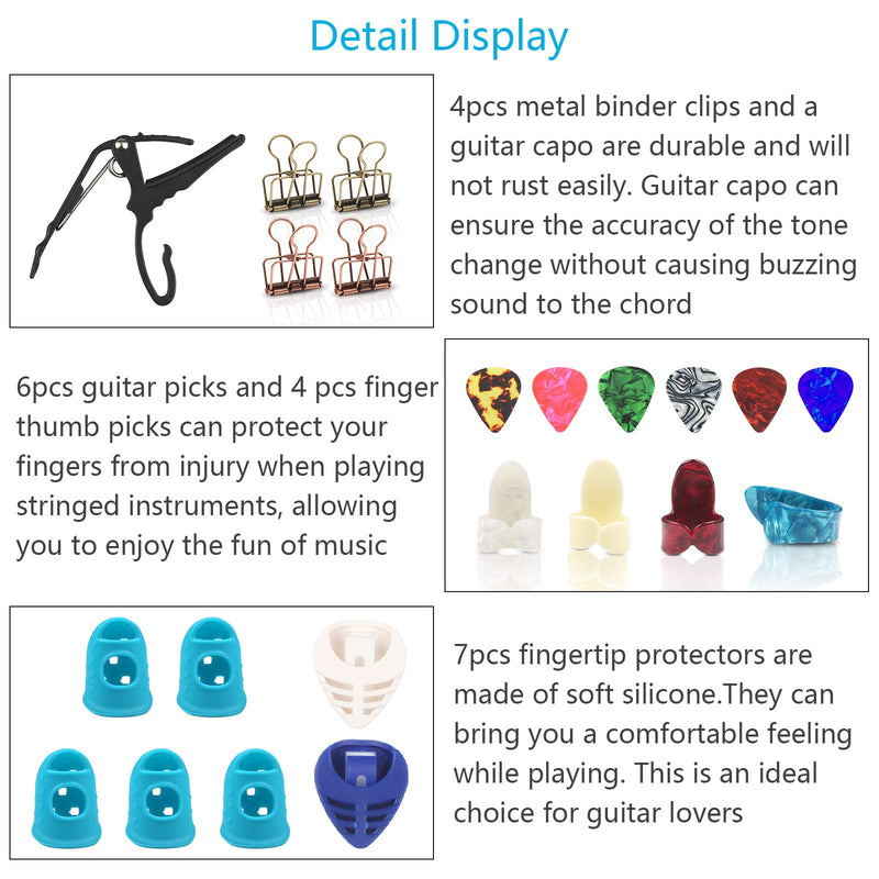 LOOPES 22pcs Guitar Accessories Kit Guitar Finger Guard Fingertip Protectors With Finger Thumb Picks,Metal Binder Clips,Guitar Capo,Picks, For Electric Acoustic Guitar Ukulele Bass Banjo