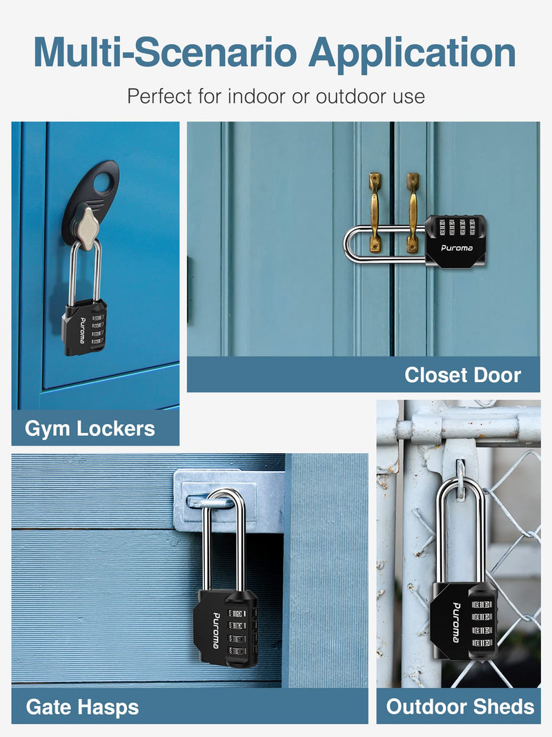Puroma 2 Pack 2.6 Inch Long Shackle Combination Lock 4 Digit Outdoor Waterproof Padlock for School Gym Locker, Sports Locker, Fence, Gate, Toolbox, Case, Hasp Storage (Black) Black