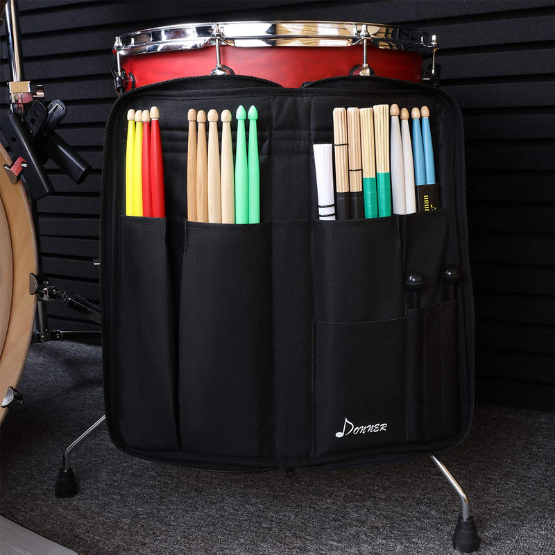 Donner Drumsticks Bag, Large Capacity Drum Sticks Bag Portable Drumstick Bags for Drumsticks, Drum Key, Drum Wire Brushes, Resonance Pad and Mallets (Black)