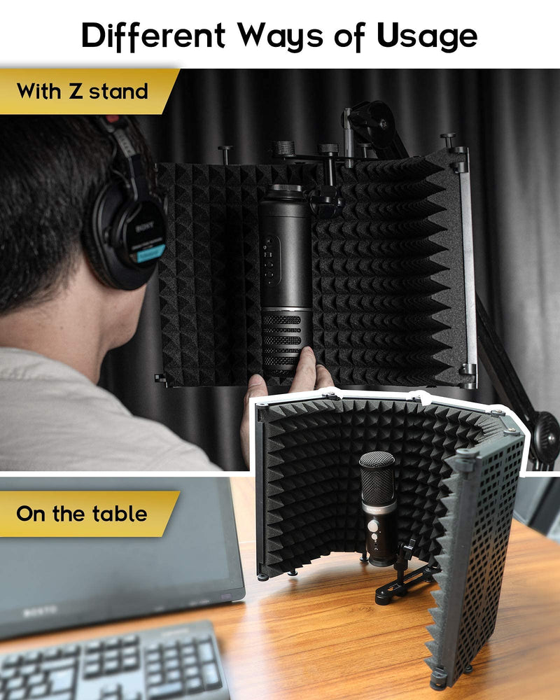 Microphone Isolation Shield, Moman RF30 5-Panel Mic Reflection Filter Studio Recording Foldable with 3/8” Mic Thread Mount Use on Desktop USB Mic, Microphone-Isolation-Shield-Reflection-Filter