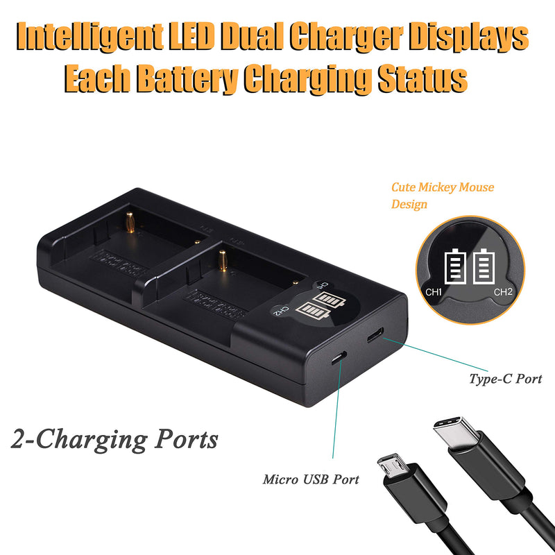 NP-F550 Camera Battery Pickle Power (x2) 2600mAh 7.2V Li-ion Batteries Pack and LED Dual USB Handy Charger Replacement for Sony NP F970 F550 F770 F330 F750 F960 F570 F530 F975 F930 Camcorder Battery.