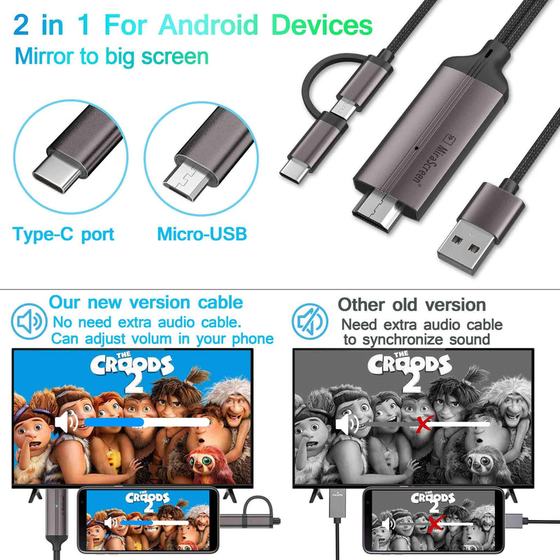 2-in-1 USB C Type C/Micro USB Android Phone to TV HDMI Cable, MHL to HDMI Adapter 1080P HD HDTV Mirroring & Charging Cable for All Android Smartphones Tablets to TV/Projector/Monitor,6.6ft