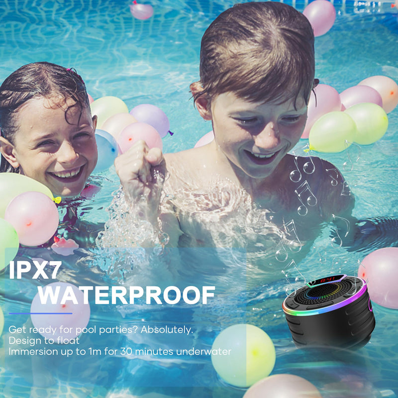BassPal Bluetooth Speakers, IPX7 Waterproof Shower Speaker, Portable Speaker with LED Display, FM Radio, Suction Cup, Light Show, Built-in Mic, Best Gifts for Pool Beach Home Party Travel Outdoors Black