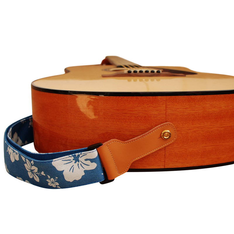 MUSIC FIRST Original Design, 2 inch width (5cm), Hawaii Style “Blue and White Plumeria” Soft Cotton & Genuine Leather Delux Guitar Strap, Ukulele Strap, Mandolin Strap, Salute ELVIS