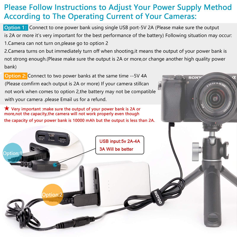 RUITOO AC-PW20 DC Coupler Replacement NP-FW50 Battery+Dual Port USB DC Converter Power Cable with Sony A7R A7II A7RII A7SII A3000 A5100 A6500 A6300 A6100 NEX5 NEX7 NEX-3N DSC-RX10 II III IV Camera