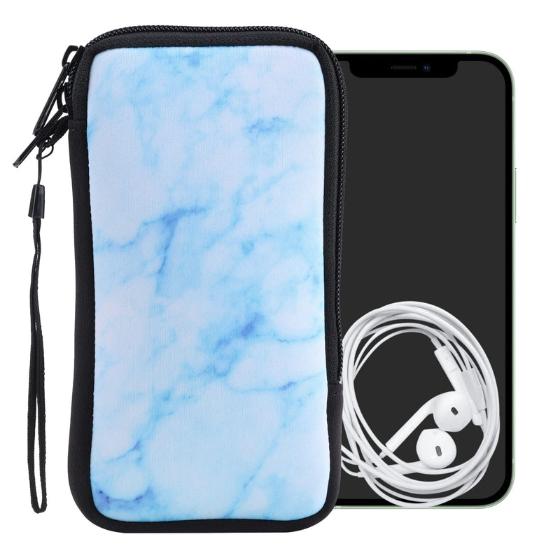 kwmobile Neoprene Sleeve for Smartphone Size XL - 6.7/6.8" - Shock Absorbing Pouch Case - Protective Phone Bag - Marble White/Blue/Light Blue Marble 02-04-23
