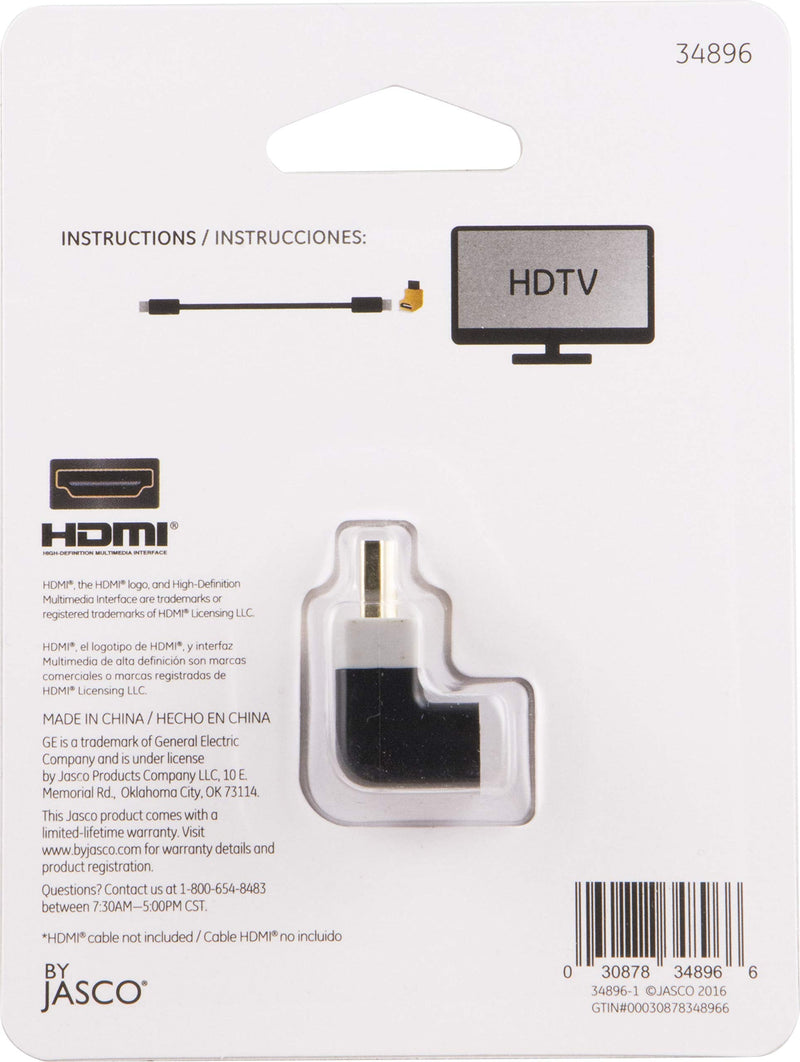 GE Right Angle HDMI Adapter, Ideal for Wall Mounted TVs, Gaming Monitors, Tight Spaces, Full HD 1080P, Prevents Cable Damage and Performance Loss from Bending, 34896, Black