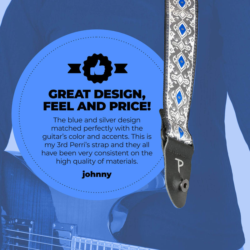 Perri’s Leathers Ltd. - Guitar Strap - Nylon - Jacquard - Adjustable - for Acoustic/Bass/Electric Guitars - Made in Canada Royal Silver