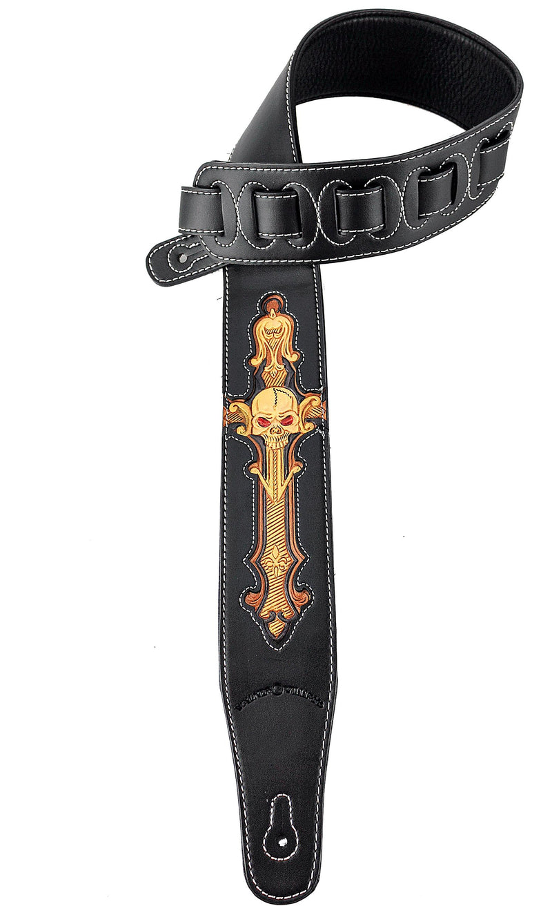 Walker & Williams CVG-24 Black & Gold Guitar Strap Hand Tooled Skull Design