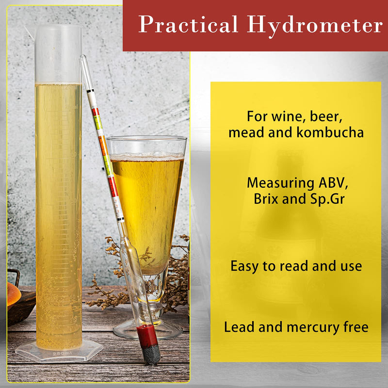 4 Pieces Scale Hydrometer and Test Jar Combo Include 2 Scale Hydrometer with Storage Bag and 250 ml Plastic Cylinder with Cleaning Brush for Wine Beer Mead