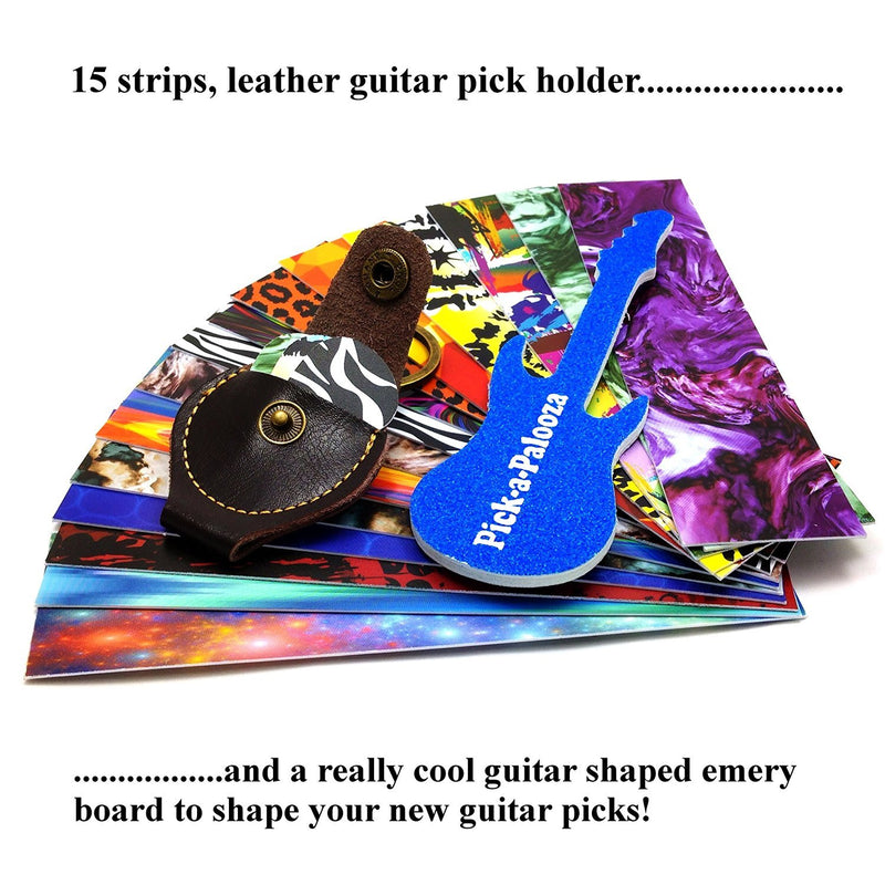 Pick-a-Palooza DIY Guitar Pick Punch with Leather Key Chain Pick Holder, 15 Pick Strips and a Guitar File - Black/Black