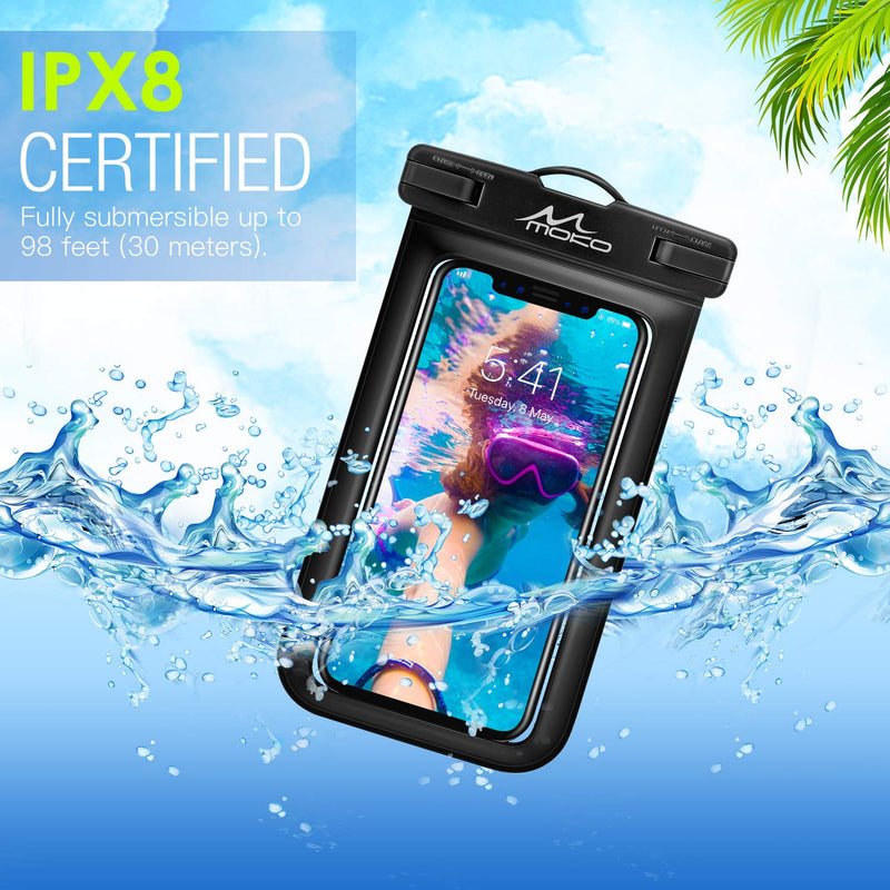 MoKo Waterproof Phone Pouch Holder [2 Pack], Underwater Phone Case Dry Bag with Lanyard Compatible with iPhone 13/13 Pro Max/iPhone 12/12 Pro Max/11 Pro Max, X/Xr/Xs Max, Samsung S21/S10/S9/S8 Plus Black+Black