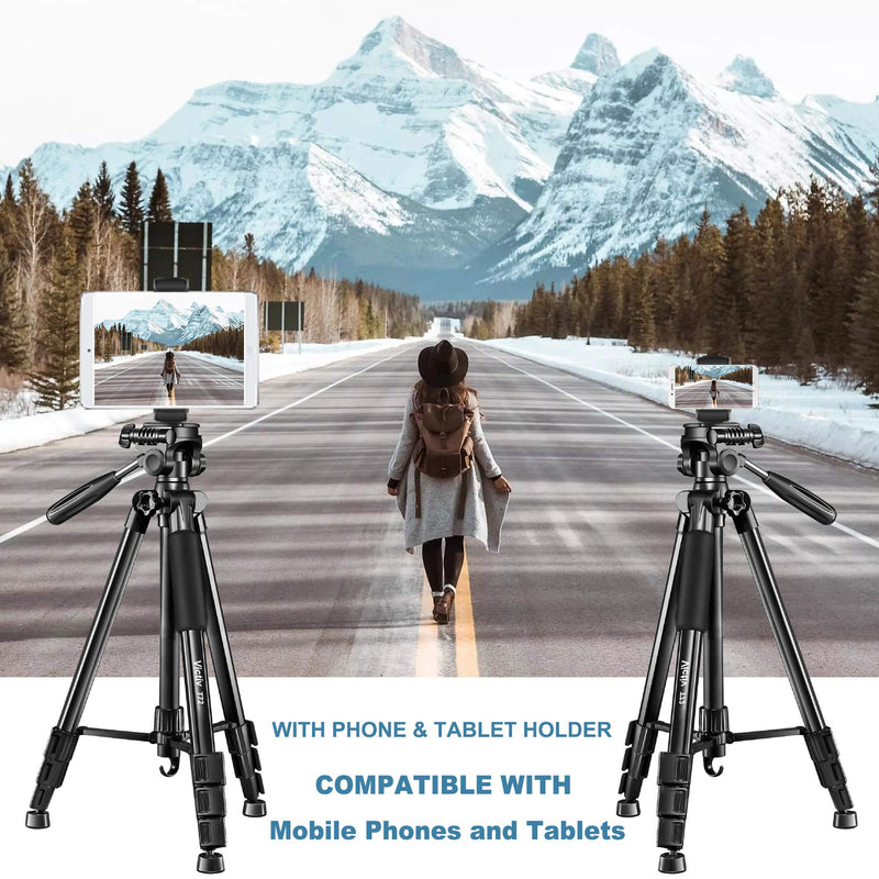 Tripod, 72 inches Aluminum Camera Tripod with Pan Head and Tablet Mount, Travel Tripod Compatible with Canon Nikon Sony Camera, Smartphone Cell Phone and Tablets black