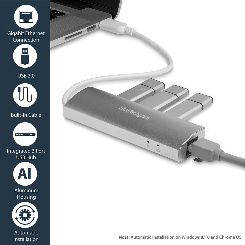 StarTech.com 3-Port USB 3.0 Hub with Gigabit Ethernet - Up to 5Gbps - Portable USB Port Expander with Built-in Cable (ST3300G3UA) Silver w/ 3 USB Ports