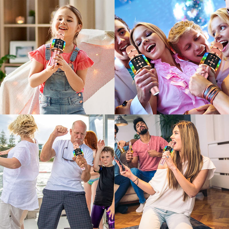 BONAOK Wireless Bluetooth Karaoke Microphone with Controllable LED Lights, 4-in-1 Portable Handheld Mic Speaker for All Smartphones, Birthday for Kids Adults All Age Q78 (Rose Gold) Rose Gold