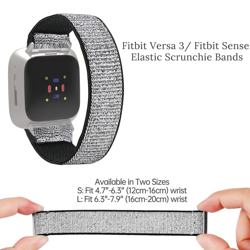 TOYOUTHS 2-Pack Compatible with Fitbit Versa 3 Bands Scrunchie Replacement for Fitbit Sense Elastic Strap Fabric Nylon Fashion Wristband Women Men Large Size (Black+Glitter Silver)