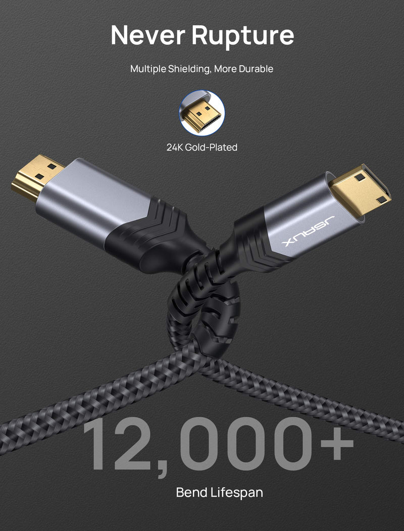 Mini HDMI to HDMI Cable 10FT, JSAUX [Aluminum Shell, Braided] High Speed 4K 60Hz HDMI 2.0 Cord, Compatible with Camera, Camcorder, Tablet and Graphics/Video Card, Laptop, Raspberry Pi Zero W -Grey Grey