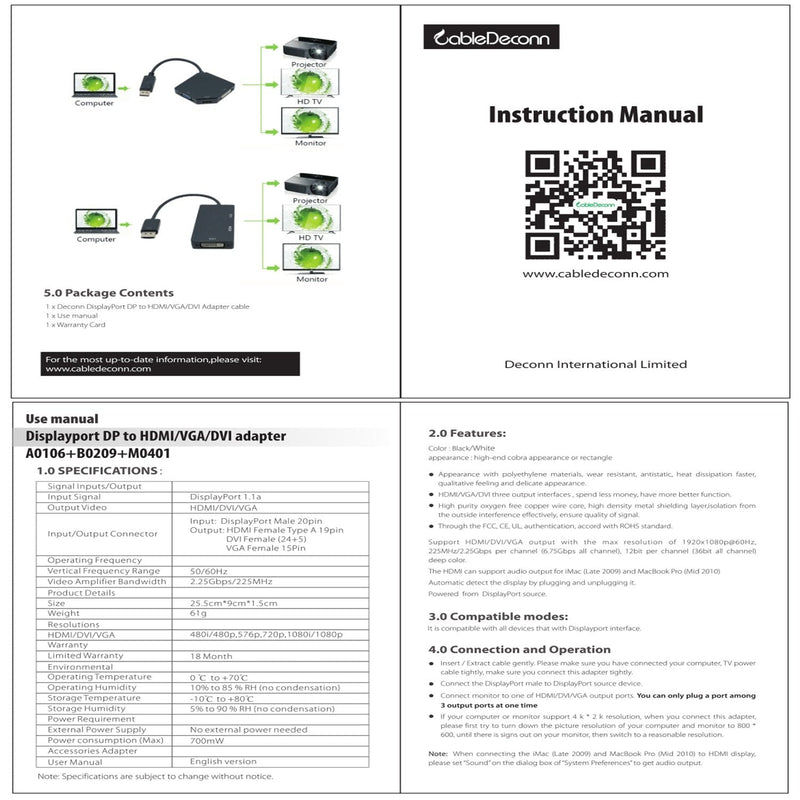 [AUSTRALIA] - CABLEDECONN Multi-Function Displayport Dp to HDMI/DVI/VGA Male to Female 3-in-1 Adapter Converter Cable DisplayPort to HDMI VGA DVI 