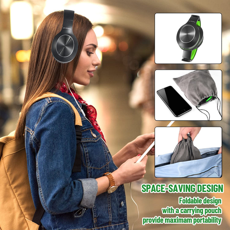 [AUSTRALIA] - Rydohi Bluetooth Headphones Over Ear, 68H Playtime and 3 EQ Music Modes Wireless Headphones with Microphone/Deep Bass, HiFi Stereo Foldable Lightweight Headset for PC Home Travel Office (Black Green) Black Green 