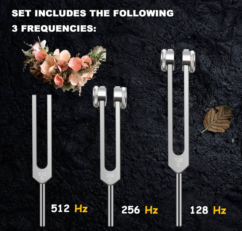 Tuning Fork Set (128Hz, 256Hz, 512Hz), Body Tuning Forks Chakra Set, for Medical Sound Healing Therapy, Meditation, DNA Repair, Reiki Energy, Guitar Tune Fork — Best Gift for Sound Healer