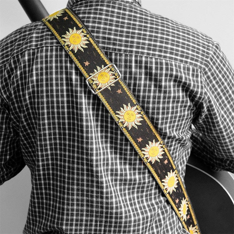 BestSounds Guitar Strap Sun Jacquard Woven Strap With Genuine Leather Ends Guitar Shoulder Strap for Bass, Acoustic,Classical & Electric Guitar (Black)