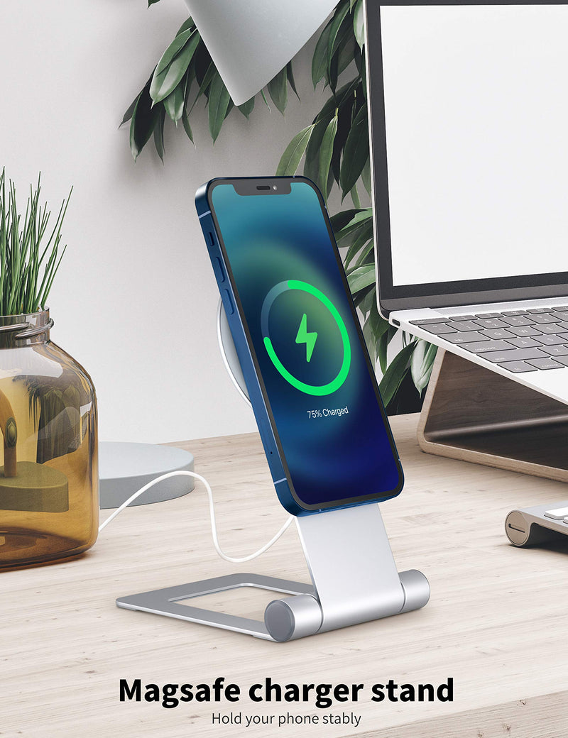 SOUNDANCE Phone Stand for MagSafe Charger, Adjustable Cell Phone Holder for Desk, Foldable Wireless Charging Dock Compatible with Apple iPhone 12 / 12 Mini / Pro / Pro Max, Silver