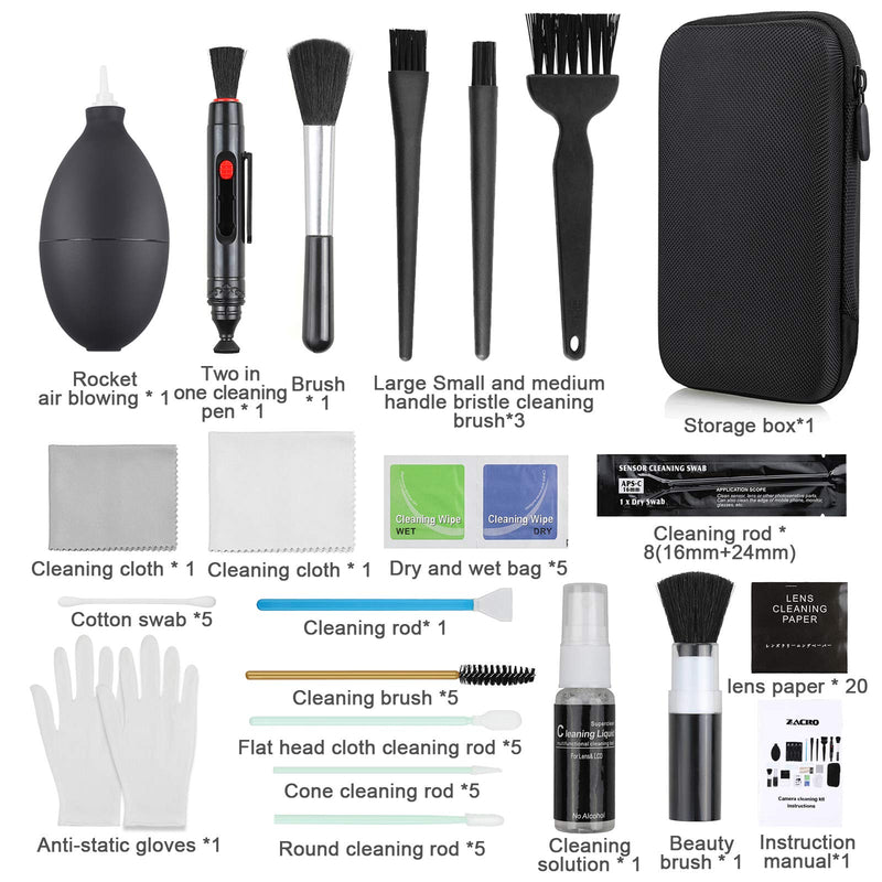 Zacro 18-in-1 Professional Camera Cleaning Kit for Most DSLR Cameras (Canon, Nikon,Sony), with Air Blower/Cleaning Pen/Detergent/Cleaning Cloth/Lens Brush/Carry Case Black