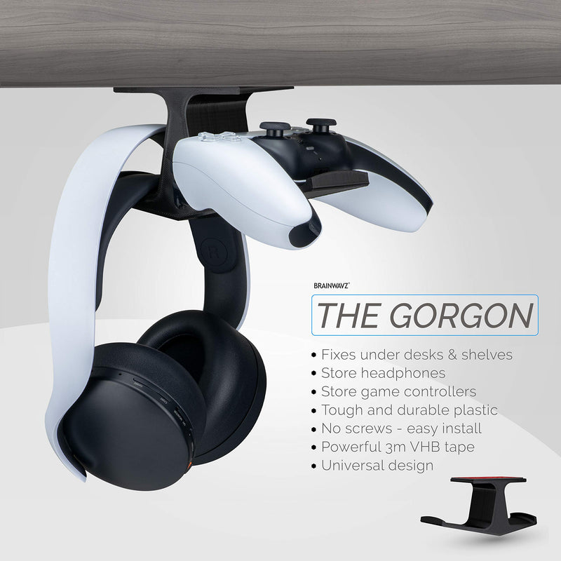 The Gorgon - Under Desk Gamepad Controller & Headphone Hanger, for Xbox, PS4, PS5, Dualshock, Series One, Steelseries, PC & Most Gaming Headsets, Screwless Holder Stand, Black by Brainwavz