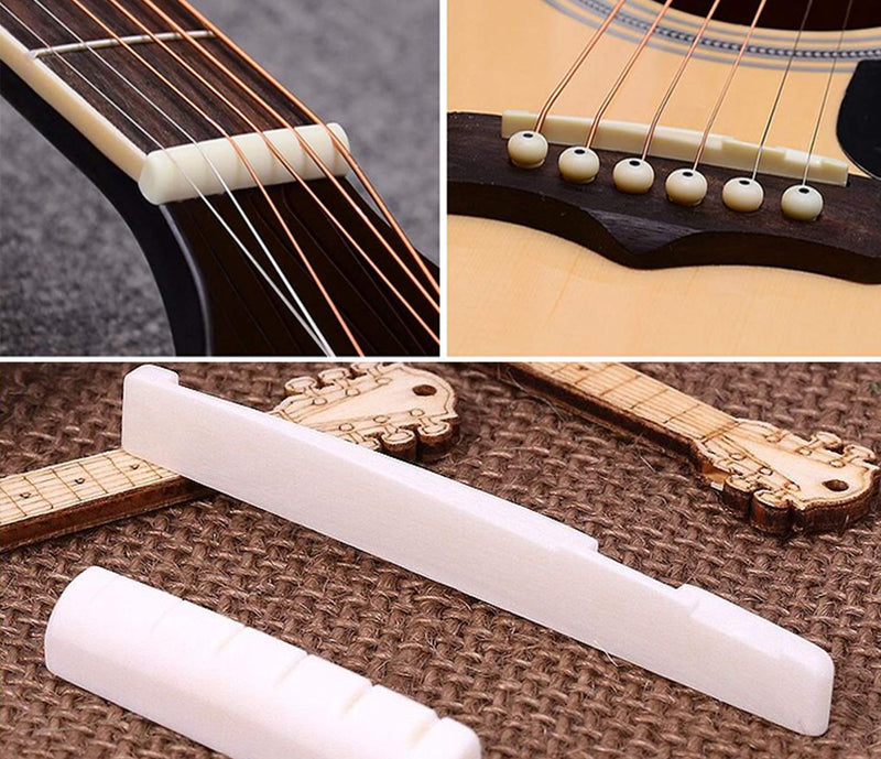2 Sets 4pcs 6 String Acoustic Guitar Bone Bridge Saddle and Nut Made of Real Bone (Ivory)