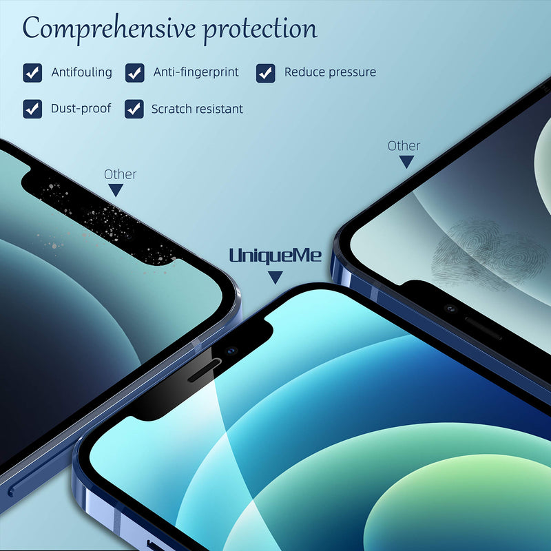 [2+2 Pack] UniqueMe Compatible with iPhone 12 6.1", Privacy Tempered Glass Screen Protector and Camera Lens Protector, Anti Spy 9H Hardness [Easy Installation Frame] [Precise Cutout]
