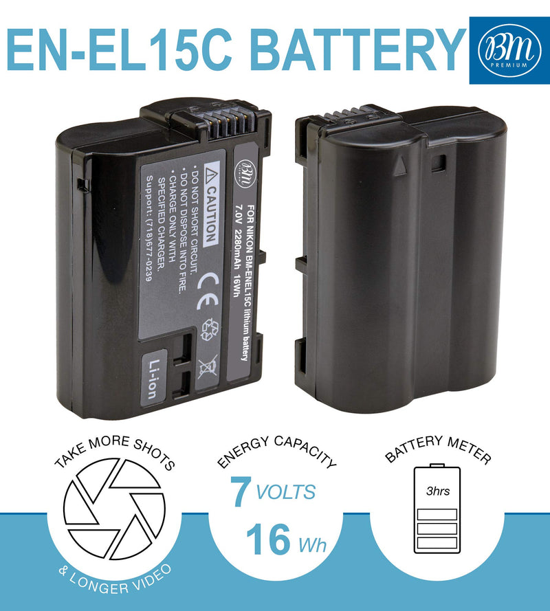 [AUSTRALIA] - BM Premium EN-EL15C High Capacity Battery and Charger for Nikon Z5, Z6, Z6 II, Z7, Z7II D780, D850, D7500, 1 V1, D500, D600, D610, D750, D800, D800E, D810, D810A, D7000, D7100, D7200 Digital Cameras 