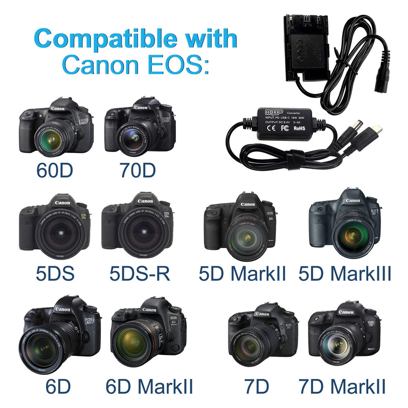 HQRP USB-C DC Converter Compatible with Canon ACK-E6 ACKE6 EOS 60D 70D, 5D Mark II, 5D Mark III, 5DS 5DS-R 6D, 6D Mark II 7D, 7D Mark II Digital SLR Camera AC Adapter Power Cable, LP-E6 Battery