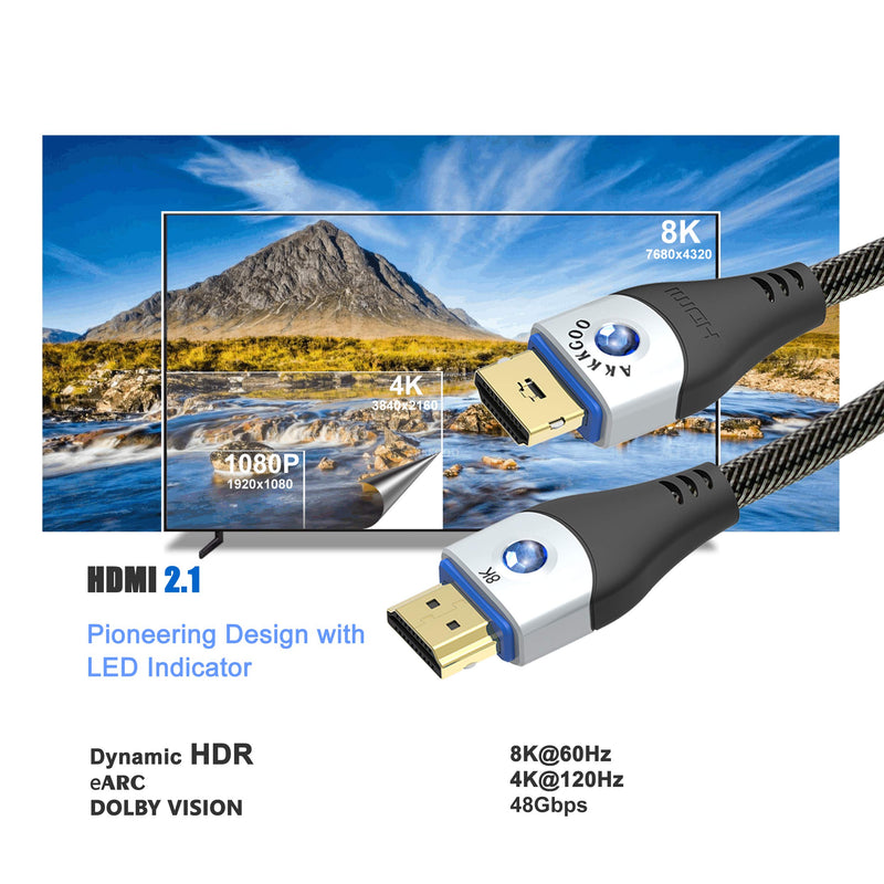 8K HDMI Cable 10ft, AKKKGOO HDMI 2.1 Cable, High Speed 48Gbps, 8K@60Hz 4K@120Hz eARC HDR10 4:4:4 HDCP 2.2 & 2.3 Compatible with Dolby Vision, Xbox, PS4, PS5, UHD TV, Monitor 10ft/3m