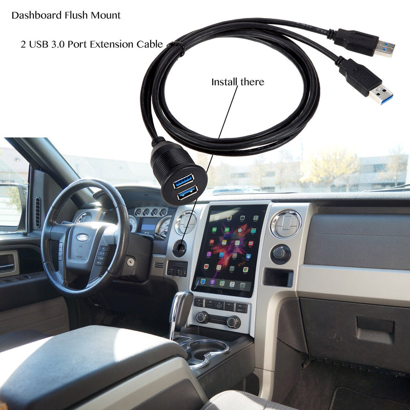 VIMVIP Car Flush Mount 2 USB 3.0 Port Waterproof 6.5 Feet Extension Dash Pannel Mount Cable for in Car