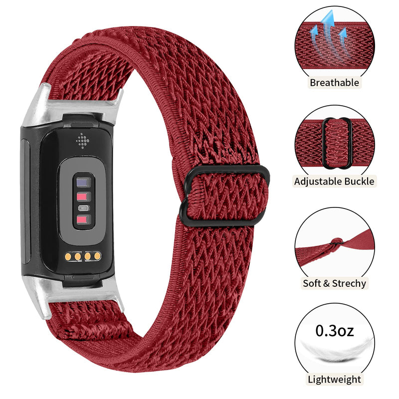 Elastic Band Compatible with Fitbit Charge 5 Bands, Replacement Stretch Braided Elastics Nylon Wristband Sport Loop Strap for Fitbit Charge 5 Women&Men (Red)