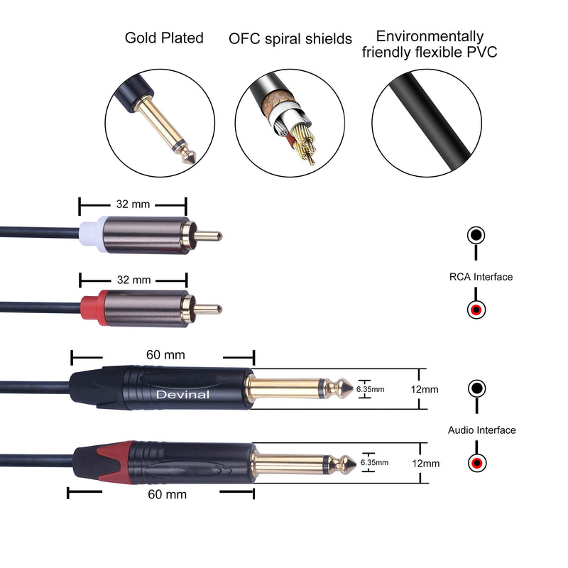 Devinal 1/4 to RCA Cable, Dual RCA to Dual 1/4 TS Interconnect Cable, Double 6.35mm Mono to 2 RCA/Phono Stereo Patch Cable Cord Adapter 5 Foot 1.5m 5 FT