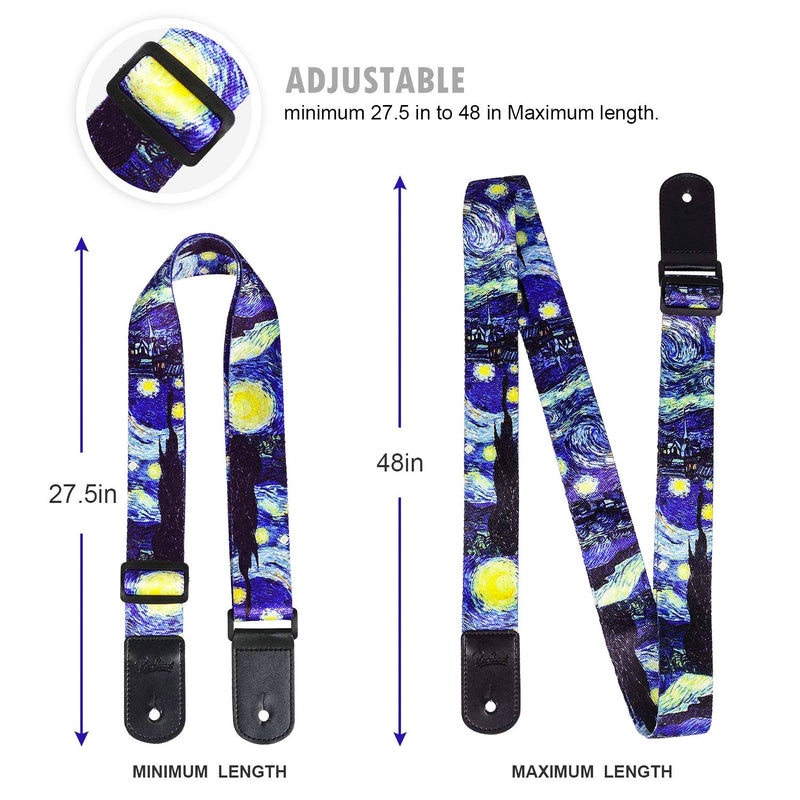 Van Gogh"Starry Night" Ukulele Strap & Leather Ends Shoulder Strap for Soprano Concert Tenor and Baritone Ukulele (Uke-Starry Night)