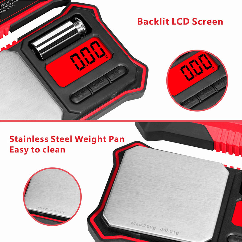 Fuzion Digital Pocket Scale, 200g x 0.01g Jewelry Gram Scale, 6 Units Conversion, LCD Back-Lit Display, Use for Jewelry/Medicine/Food/Powder/Herb(Battery Included) Red