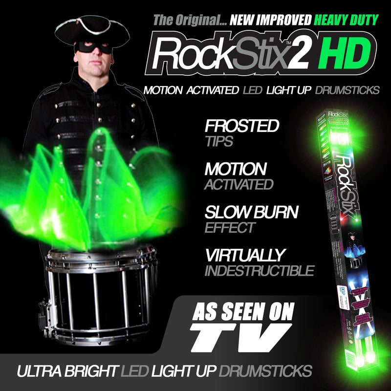 ROCKSTIX 2 HD GREEN, BRIGHT LED LIGHT UP DRUMSTICKS, with fade effect, Set your gig on fire! (GREEN ROCKSTIX) GREEN ROCKSTIX