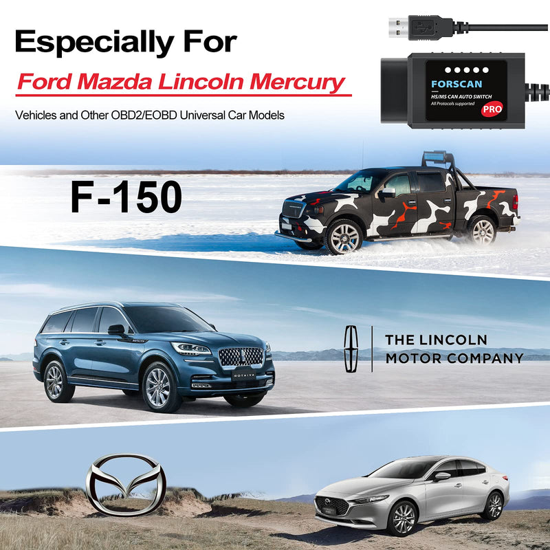 FORScan ELM327 OBD2 USB Adapter Compatible with F150 F250 for Ford Lincoln Mazda Mercury Series Vehicles, Transform MS/HS CAN Automatically