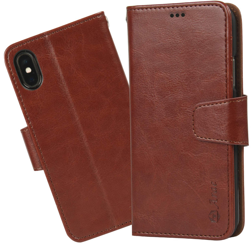 Arae Case for iPhone X/Xs, Premium PU Leather Wallet Case [Wrist Straps] Flip Folio [Kickstand Feature] with ID&Credit Card Pockets for iPhone X (2017) / Xs (2018) 5.8 inch (not for Xr) (Brown) Brown