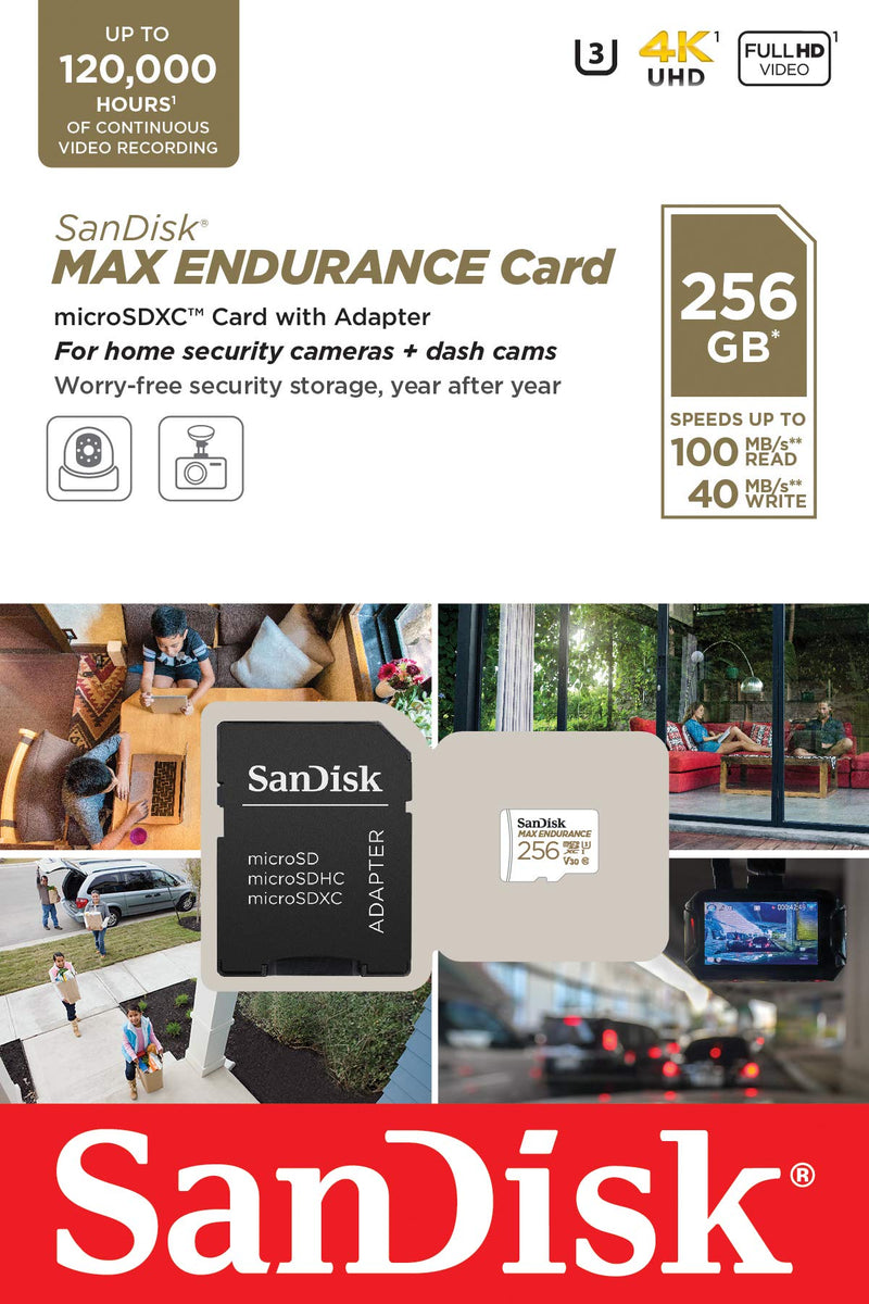 SanDisk 256GB MAX Endurance microSDXC Card with Adapter for Home Security Cameras and Dash cams - C10, U3, V30, 4K UHD, Micro SD Card - SDSQQVR-256G-GN6IA