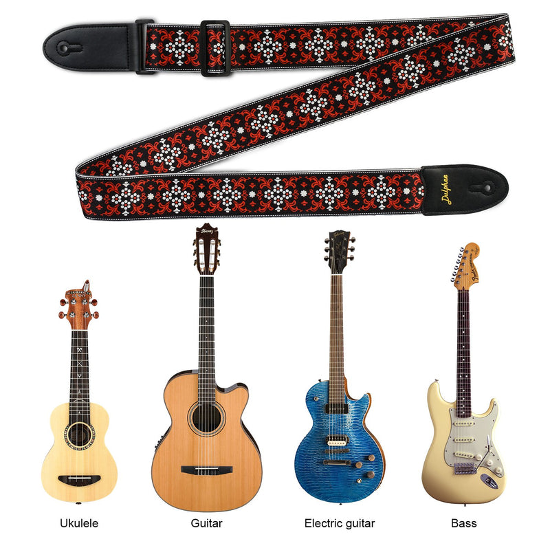 Dulphee Guitar Strap Vintage Printed Adjustable Polyester Shoulder Strap - Suitable for Bass, Electric & Acoustic Guitars Black Red