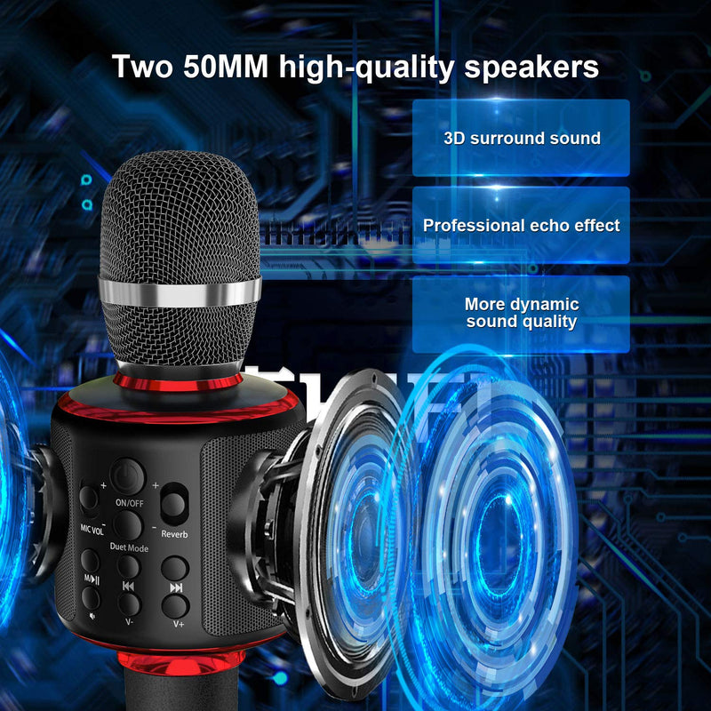 [AUSTRALIA] - Bluetooth Karaoke Microphone, Wireless Portable Handheld Karaoke Mic Speaker Machine with Duet Vocal Remover Function Home Party for All Smartphone(Black) Black 