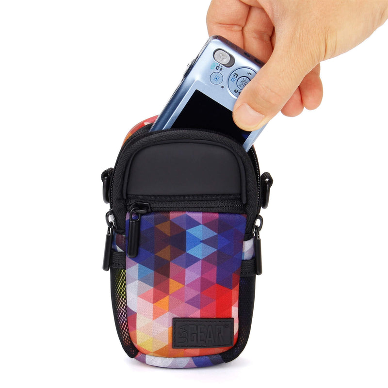 USA GEAR Compact Camera Case Point and Shoot Camera Bag with Accessory Pockets, Rain Cover and Shoulder Strap - Compatible with Sony CyberShot, Canon PowerShot ELPH, Nikon COOLPIX and More (Geometric) Geometric and Black