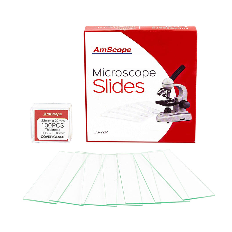 AmScope BS-72P-100S-22 72 Pieces of Pre-Cleaned Blank Microscope Slides and 100 Pieces of 22x22mm Square Coverslips Cover Glass 1 Count