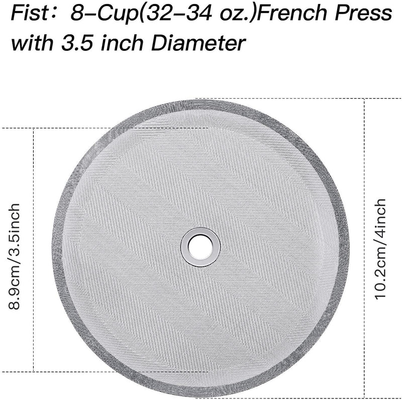 French Press Replacement Filter Screen (2pack) - Includes Metal Center Ring - Universal 8-Cup Stainless Steel Reusable Filter